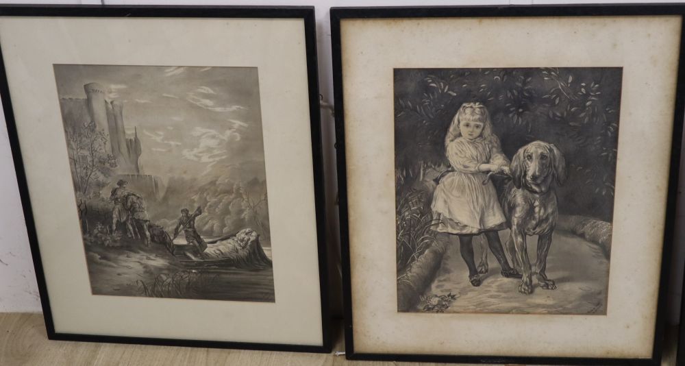 Eight assorted prints including etchings of Trinity College by Rudge